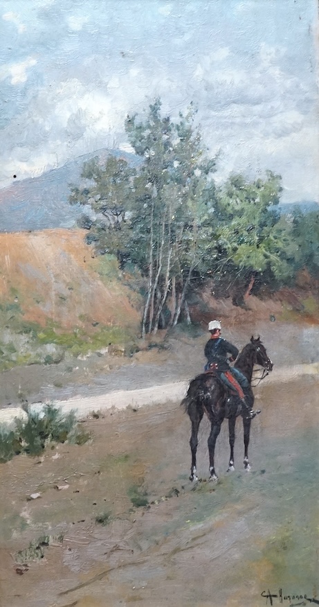Scuola Napoletana Barone, 'Cavalleggero', signed, oil on canvas, 33 x 17cm, ornate gilt frame